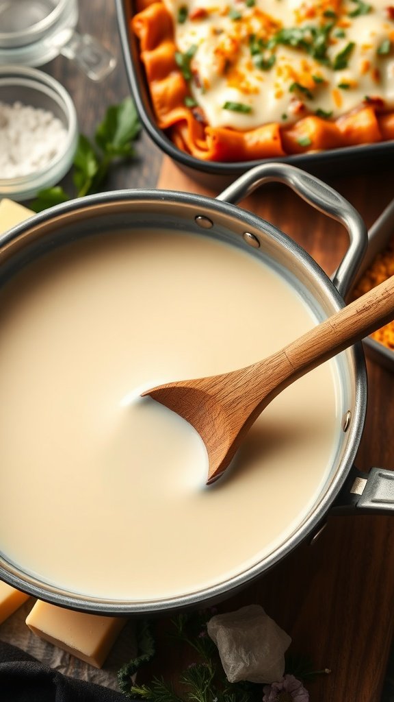 A pot of béchamel sauce with a wooden spoon, alongside ingredients for lasagna.