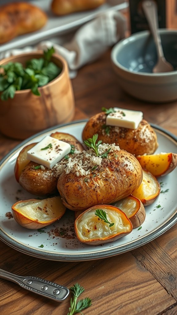 Delicious baked potatoes topped with butter and spices on a plate.