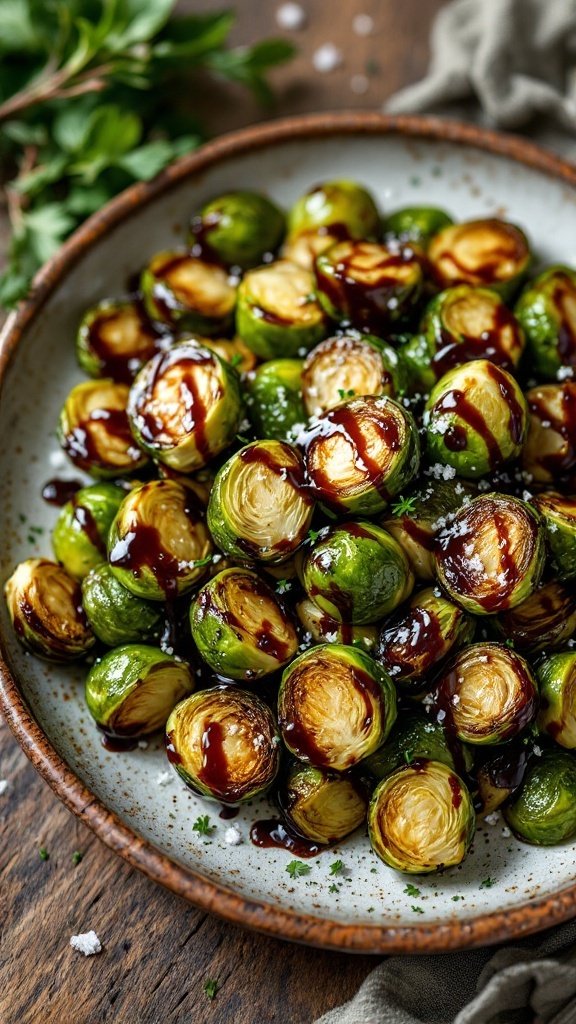 A bowl of roasted Brussels sprouts drizzled with balsamic glaze, garnished with cheese.