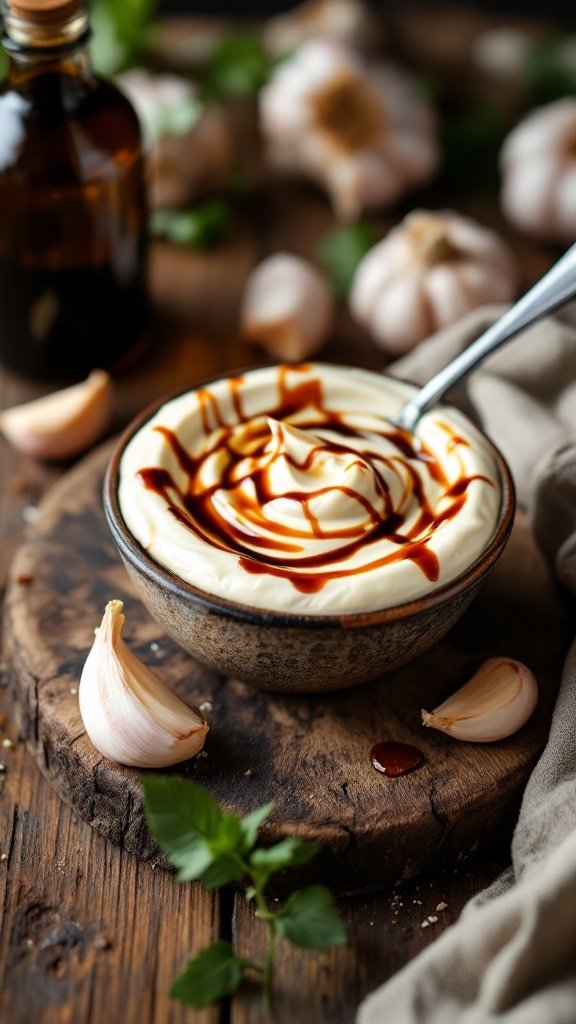 A bowl of creamy balsamic mayo drizzled with balsamic vinegar, surrounded by garlic cloves.