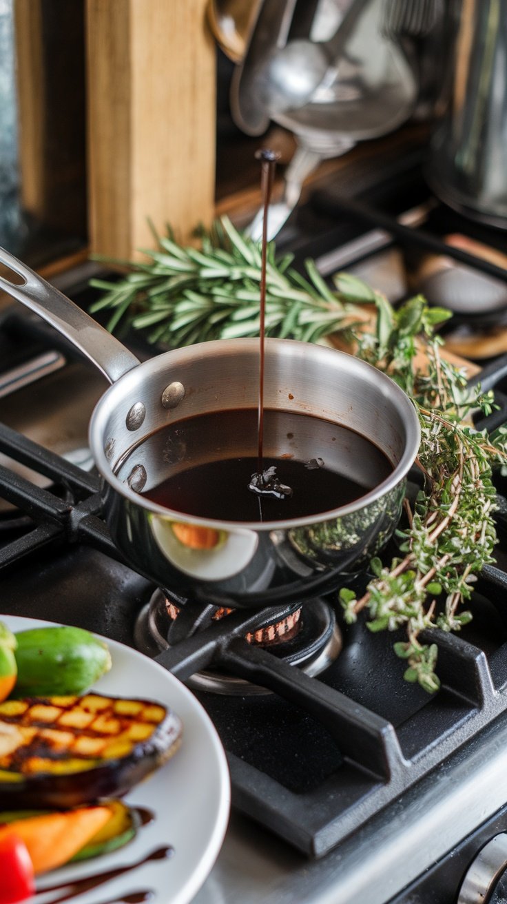 A saucepan with balsamic vinegar simmering on the stove.