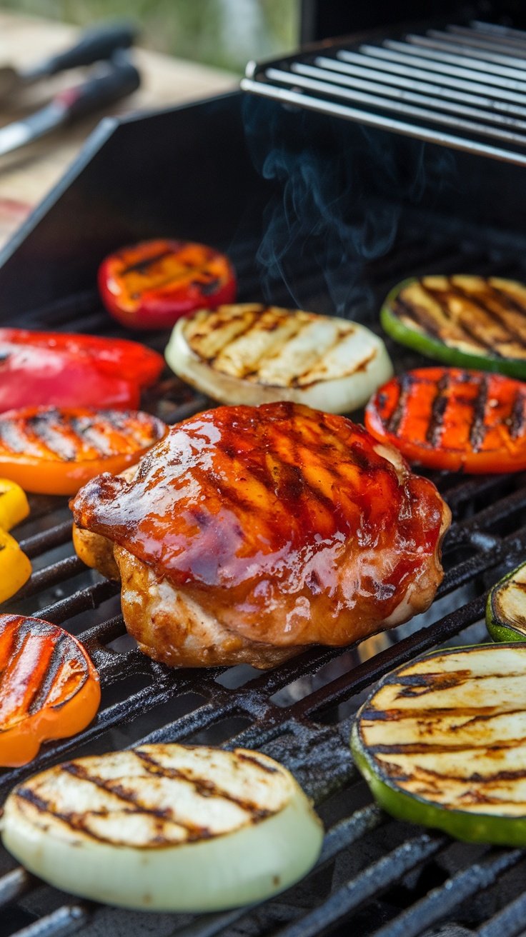 BBQ Cola Glaze on grilled meat and vegetables.