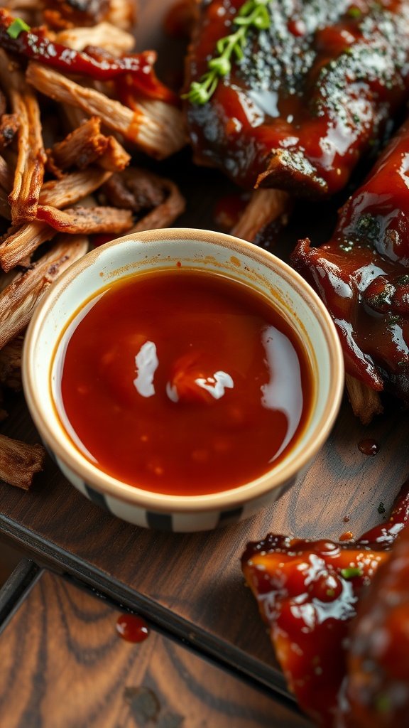 A bowl of tangy BBQ sauce with pulled pork and chicken in the background.