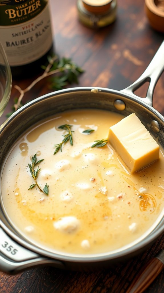 A close-up of beurre blanc sauce in a pan, featuring melted butter, wine, shallots, and fresh herbs.