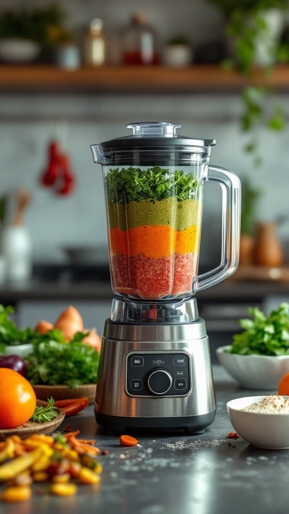 A blender filled with layers of colorful ingredients like greens and sauces on a kitchen counter.
