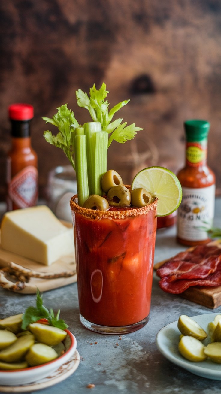 A Bloody Mary cocktail with celery, olives, lime, and hot sauce, surrounded by snacks.