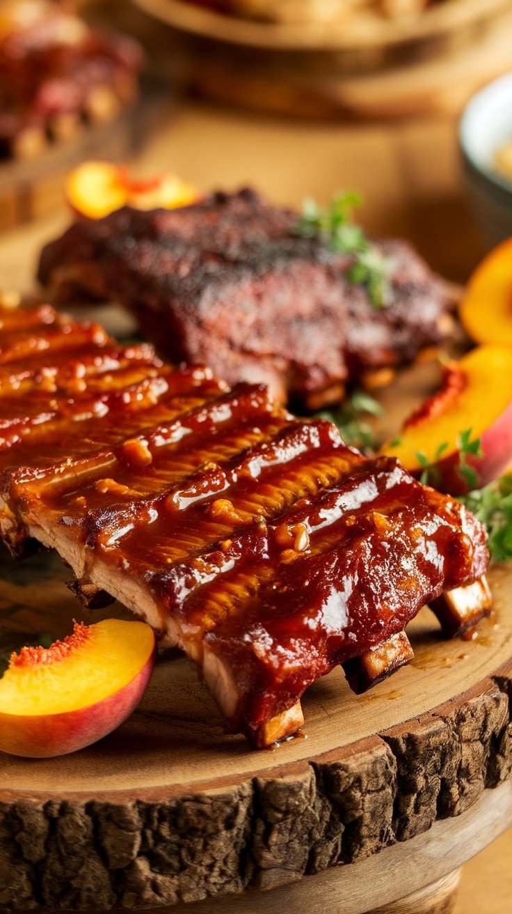Bourbon Peach Glaze on grilled ribs with fresh peaches
