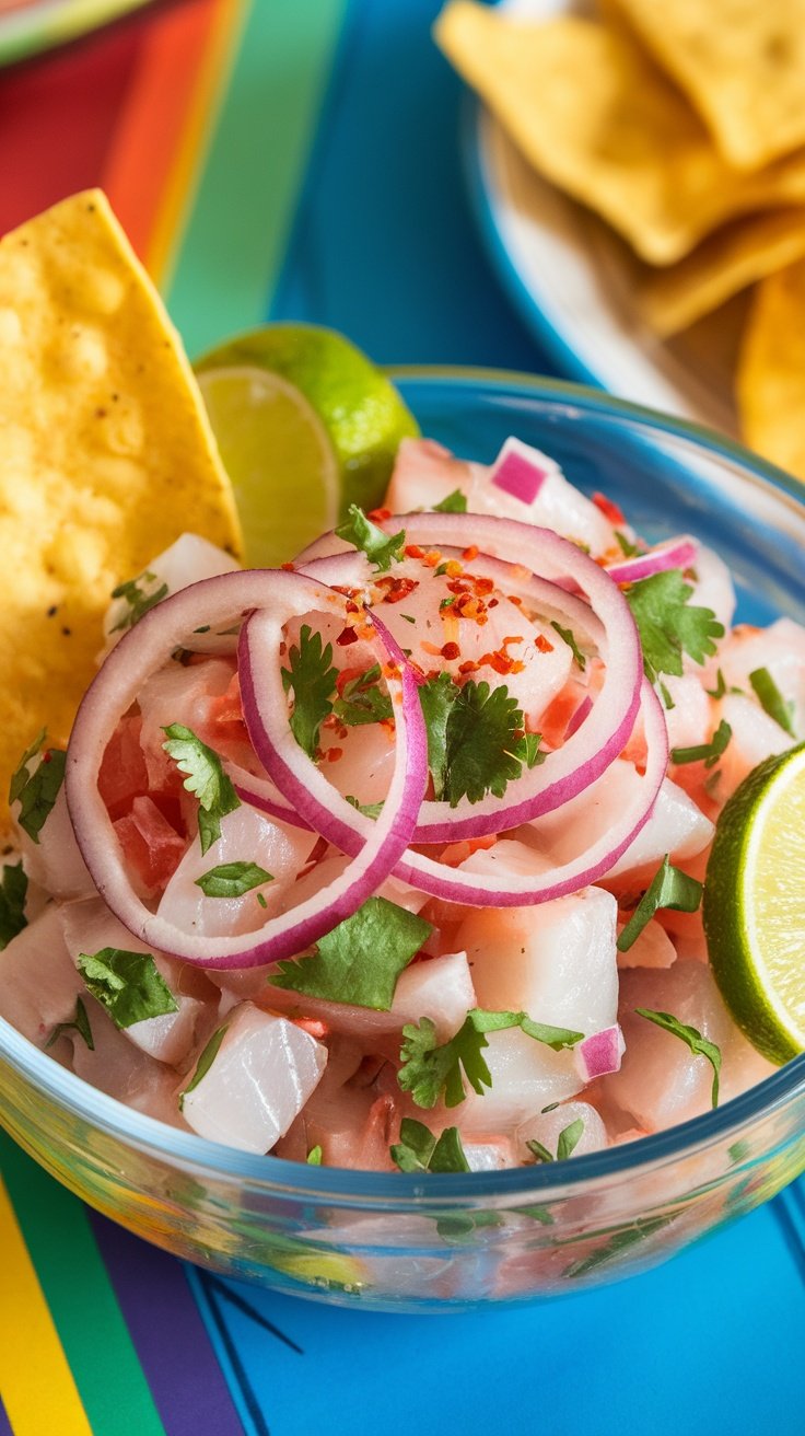 A bowl of fish ceviche with lime-marinated fish, red onions, cilantro, and chili pepper, served with tortilla chips.