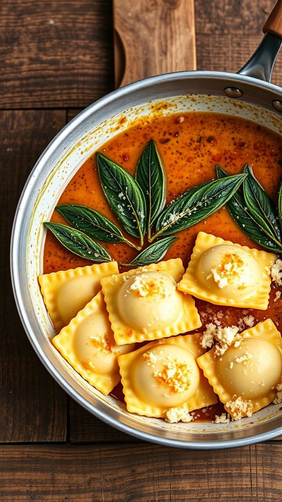A rich brown butter sage sauce with ravioli and fresh sage leaves in a skillet.