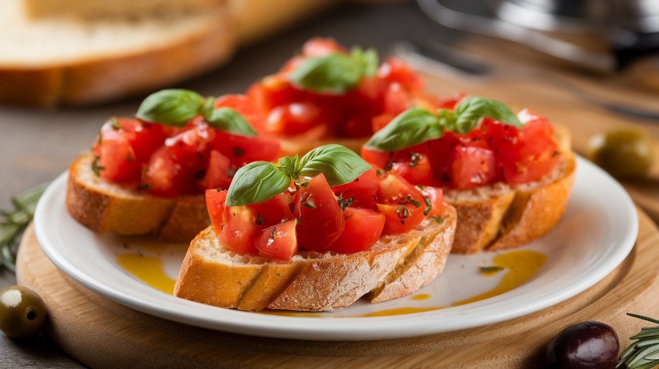 A plate of bruschetta topped with fresh tomatoes and basil on toasted bread.
