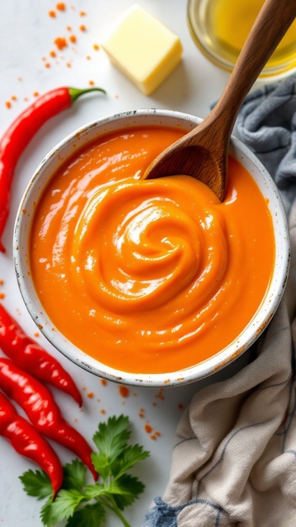 Buffalo sauce in a bowl with ingredients around it