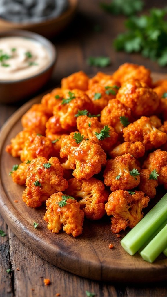 Buffalo sauce cauliflower bites served with celery and dip