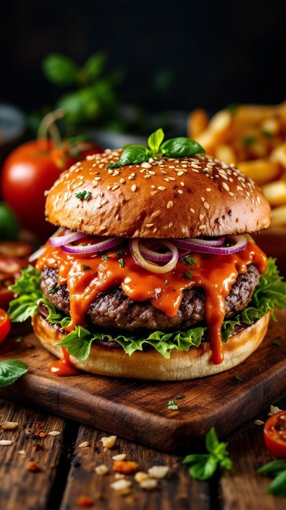 A mouth-watering burger topped with lettuce, onions, and a smoky sauce, served on a wooden board.