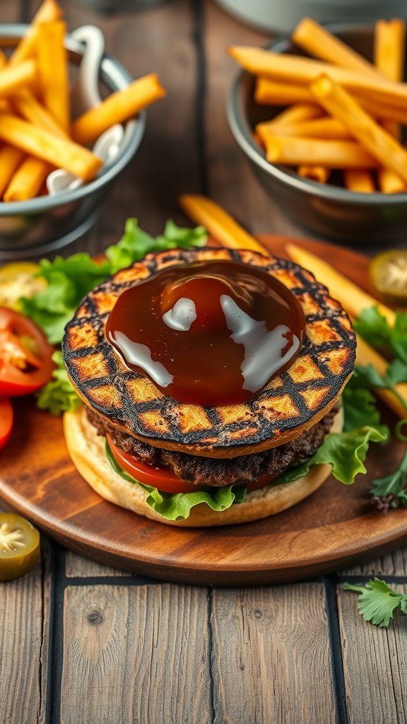 Delicious burger with toppings served with fries