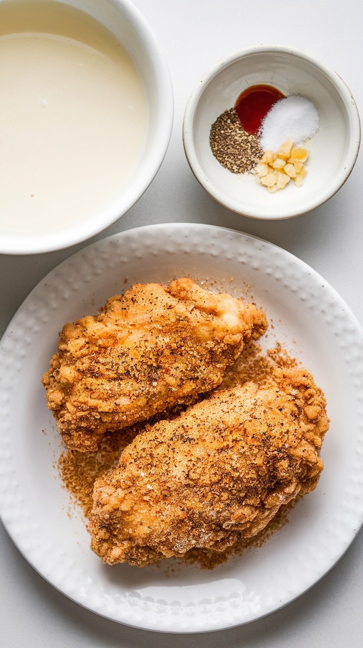 Buttermilk marinade ingredients with fried chicken.