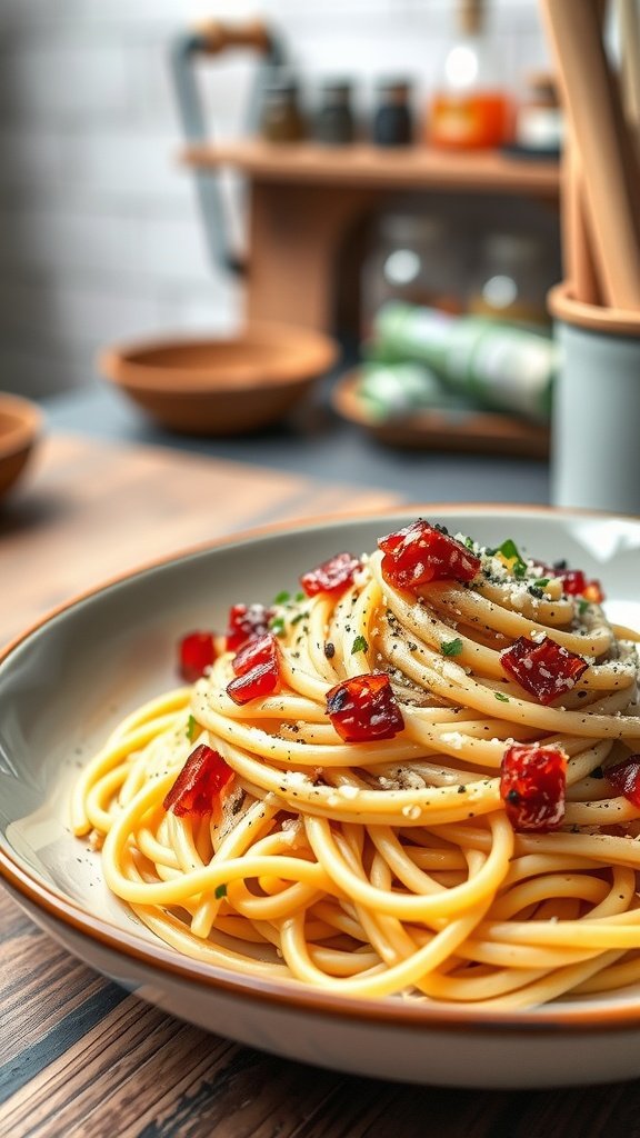 A delicious plate of spaghetti carbonara with pancetta and cheese.