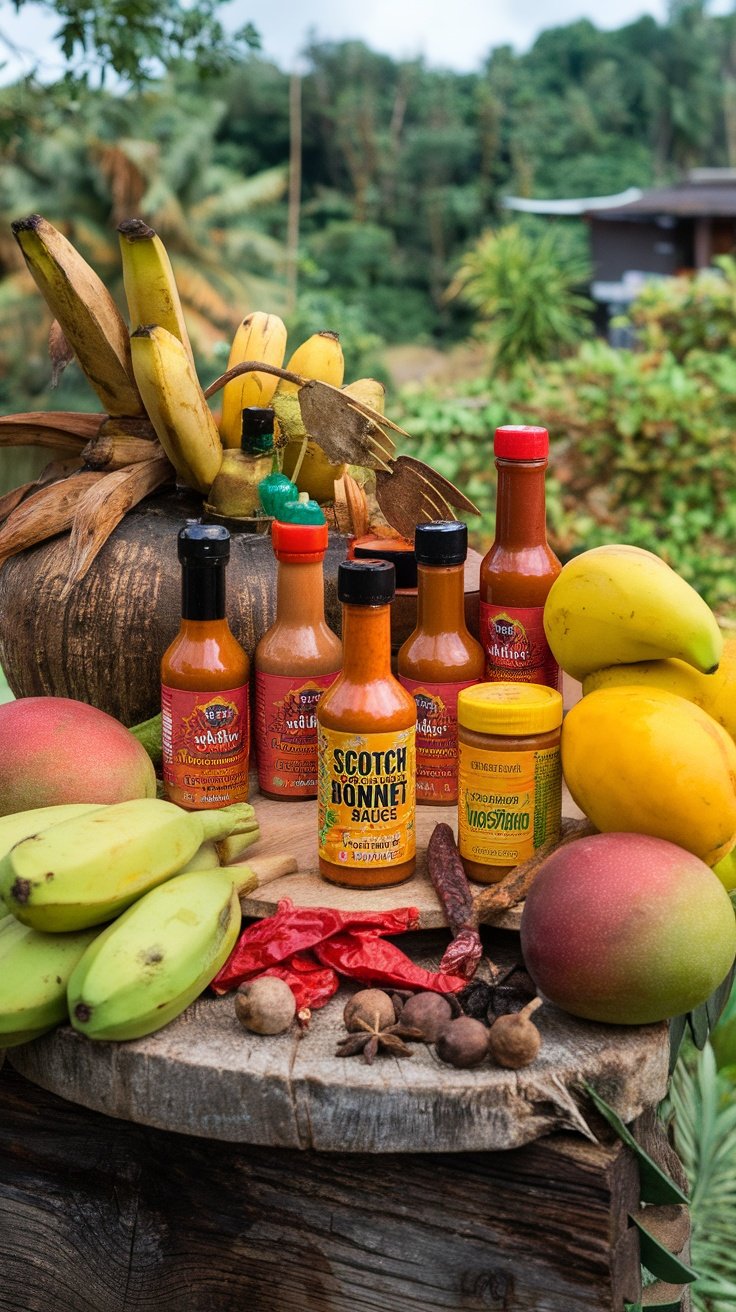 A colorful display of Caribbean hot sauces with Scotch bonnets and tropical fruits like bananas and mangoes.