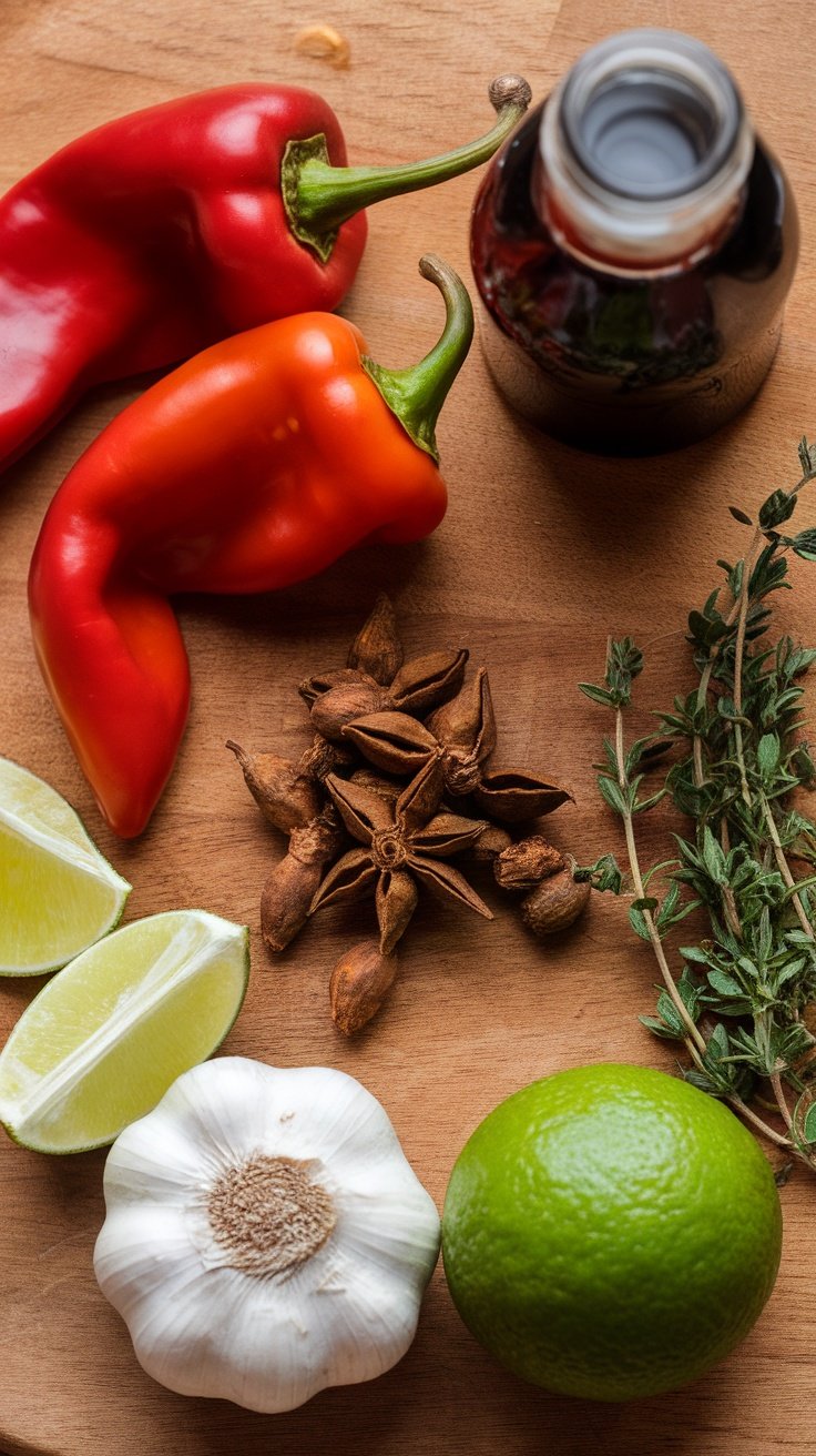 Ingredients for Caribbean jerk marinade including peppers, garlic, lime, and spices