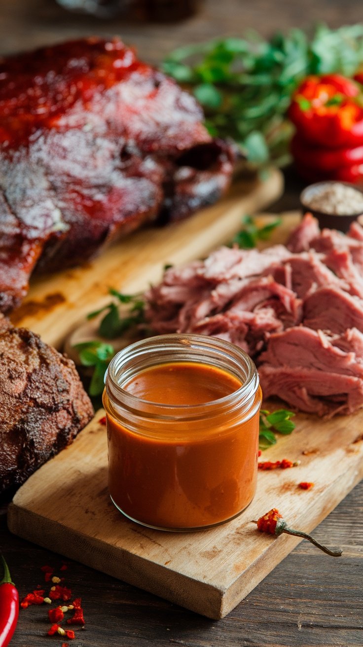 A jar of barbecue sauce in front of pulled pork and whole hog BBQ, showcasing Carolina style.