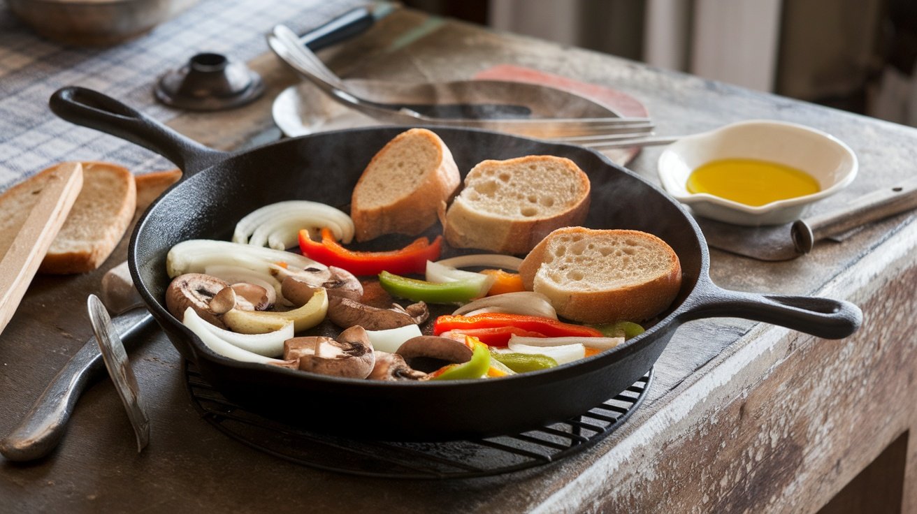 A cast iron skillet with vegetables and bread on a rustic wooden table.