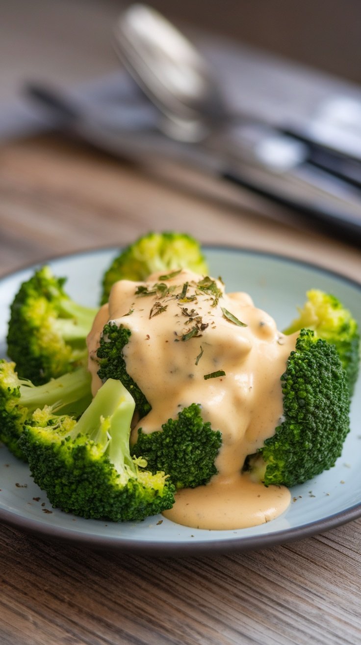 Pouring creamy cheese sauce over steamed broccoli