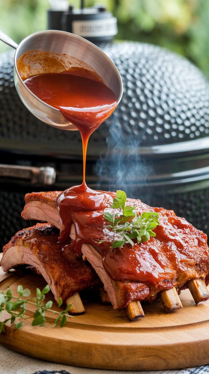Ribs being glazed with a rich cherry chipotle sauce