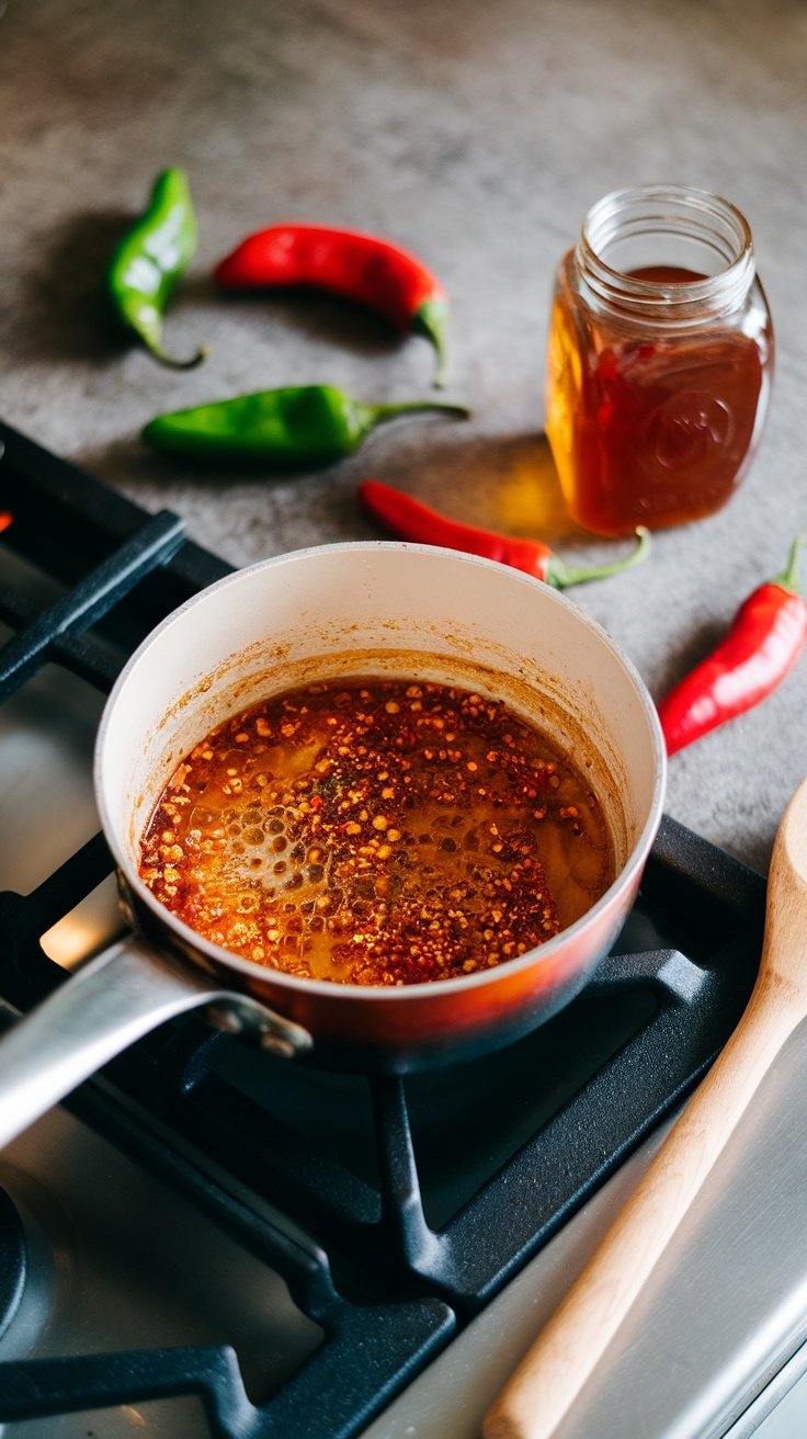 A pot of chili honey glaze cooking on the stove.