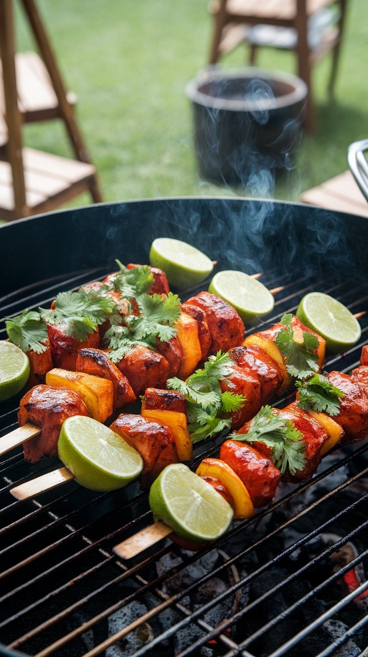 Chili lime glazed kebabs on the grill with lime slices and cilantro.