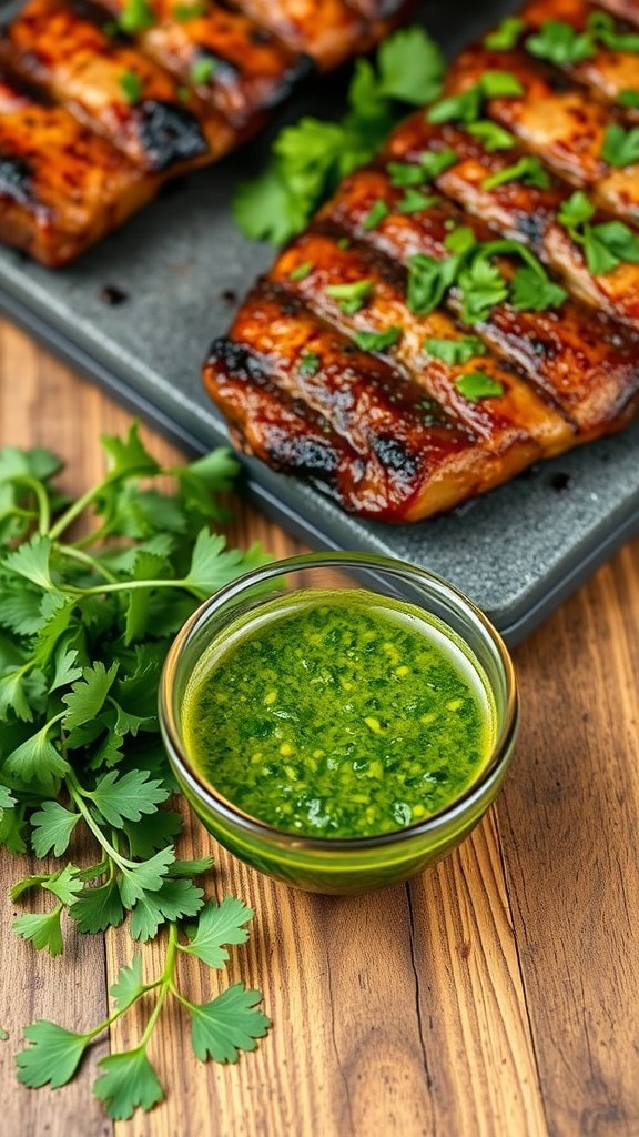 Chimichurri sauce in a bowl next to grilled meats and fresh herbs.
