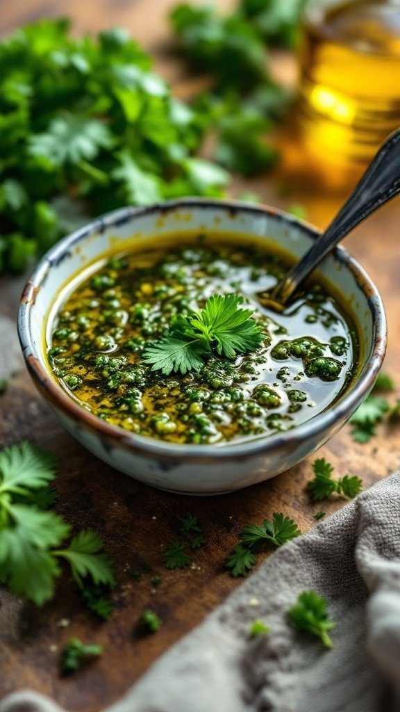 Chimichurri sauce in a bowl with a spoon and fresh parsley on the side.