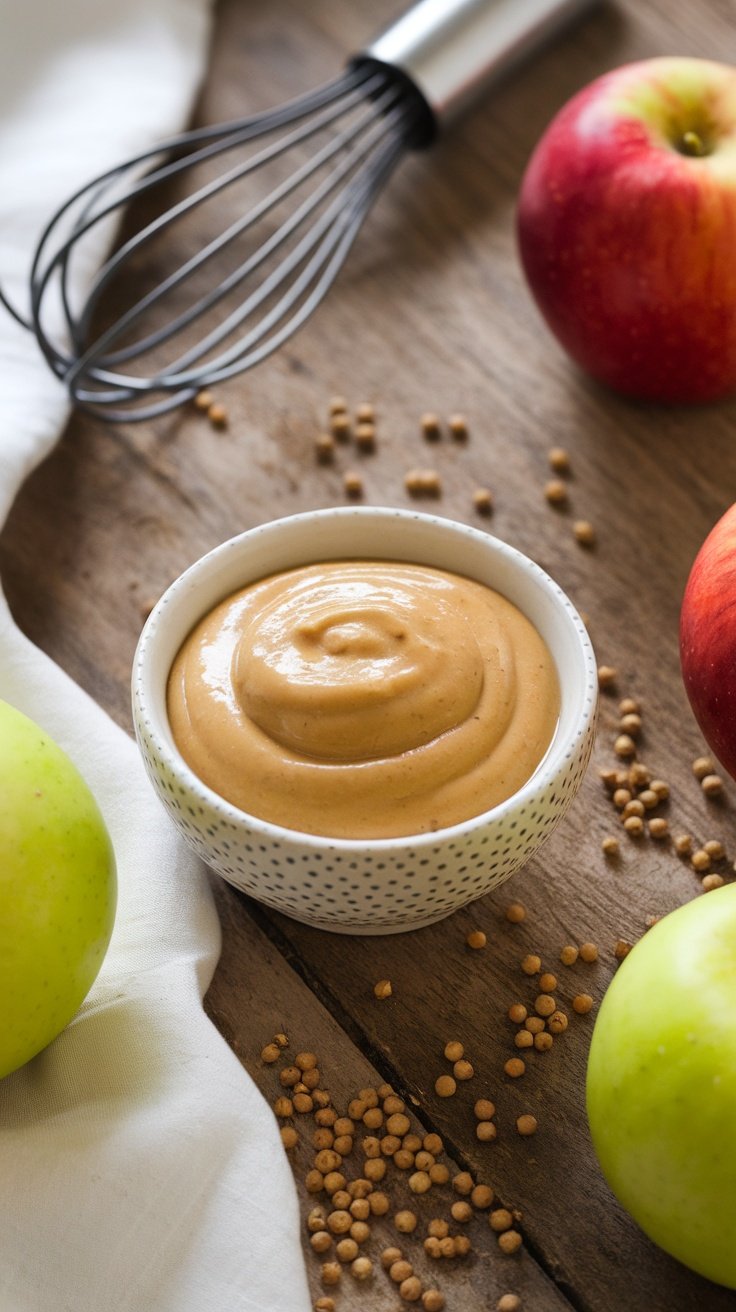 Cider mustard glaze in a bowl surrounded by apples and mustard seeds.
