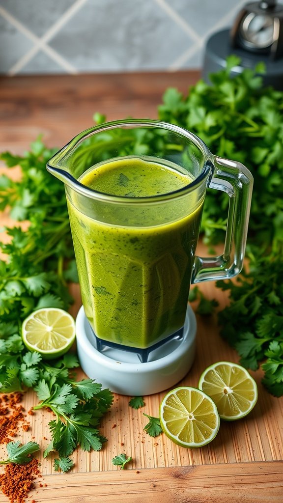A blender filled with green cilantro-lime sauce surrounded by fresh cilantro and lime halves on a wooden surface.