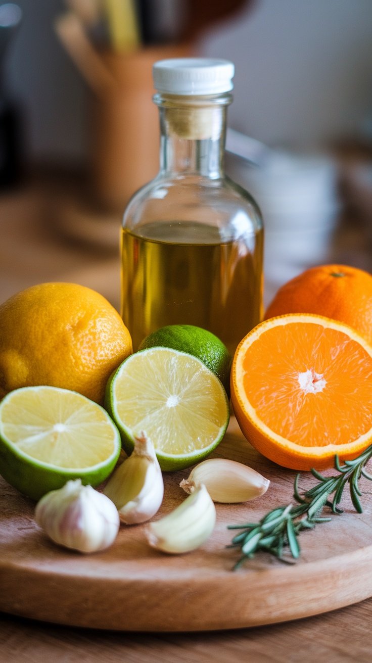 A variety of citrus fruits with a bottle of marinade