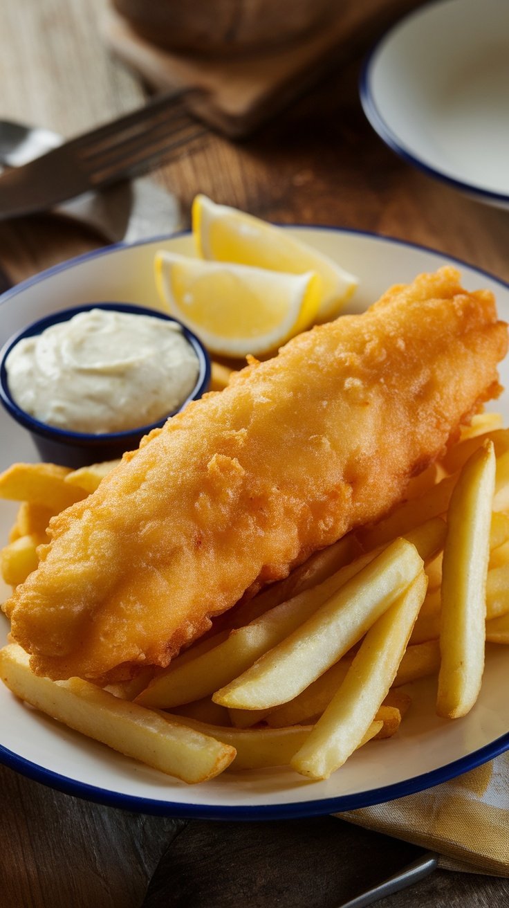 Crispy beer-battered fish with golden fries, served with tartar sauce and lemon on a wooden table.