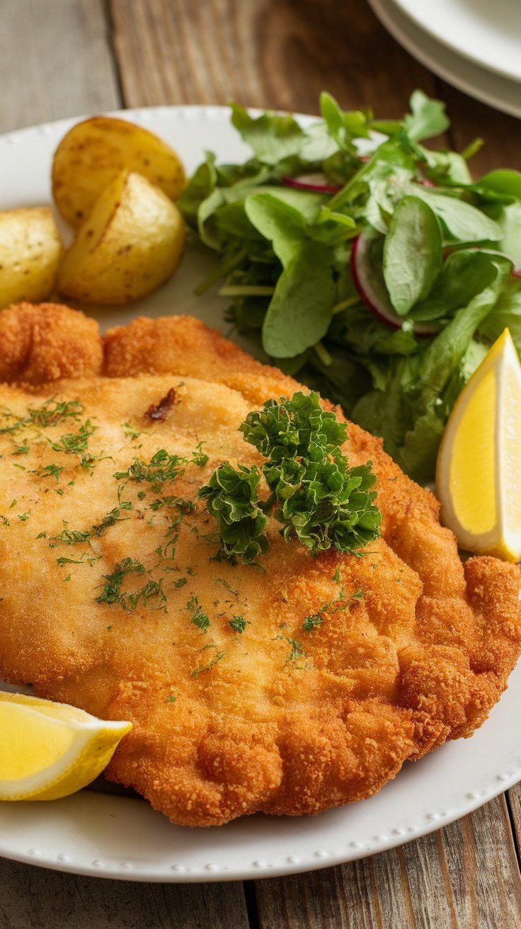 Crispy Breaded Pork Schnitzel Recipe Crispy pork schnitzel on a plate with lemon and parsley, served with roasted potatoes and salad.