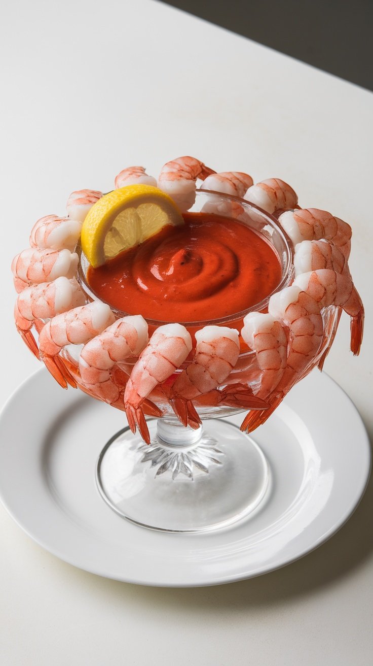 A classic shrimp cocktail served in a glass dish with a zesty cocktail sauce and lemon.