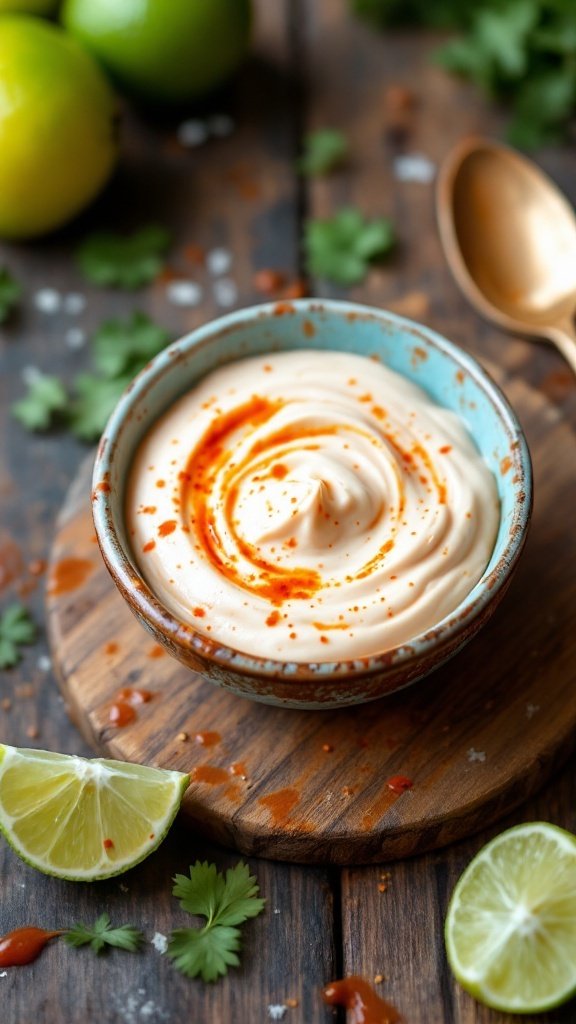 Creamy Sriracha sauce in a bowl with lime and cilantro