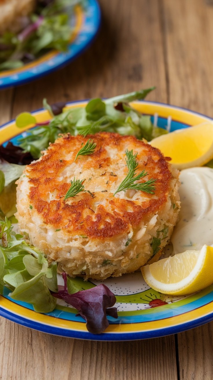 Crispy crab cake on a plate with aioli and lemon wedges, garnished with herbs.