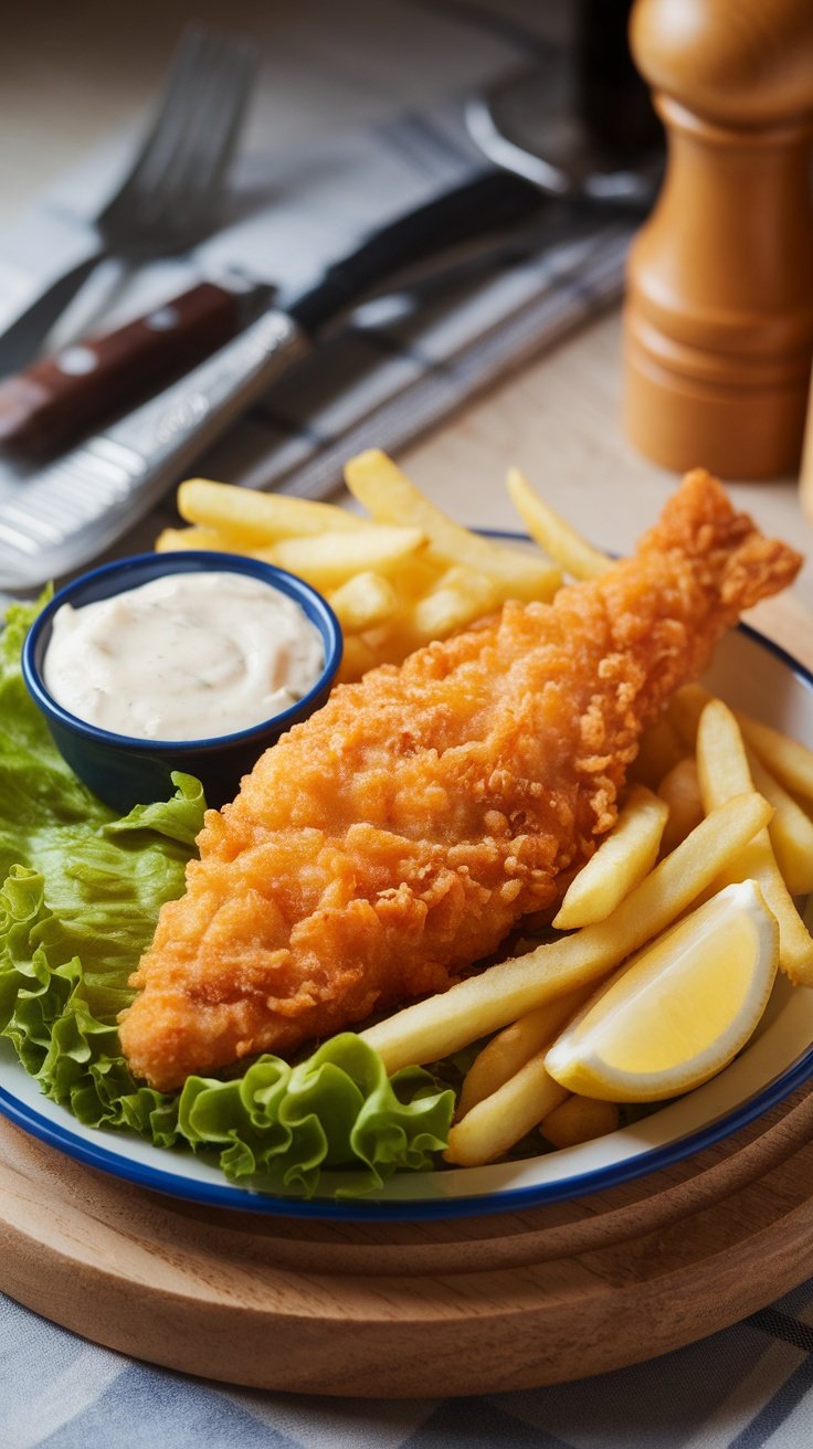 A plate of crispy beer-battered fish served with golden fries, tartar sauce, and lemon wedges.