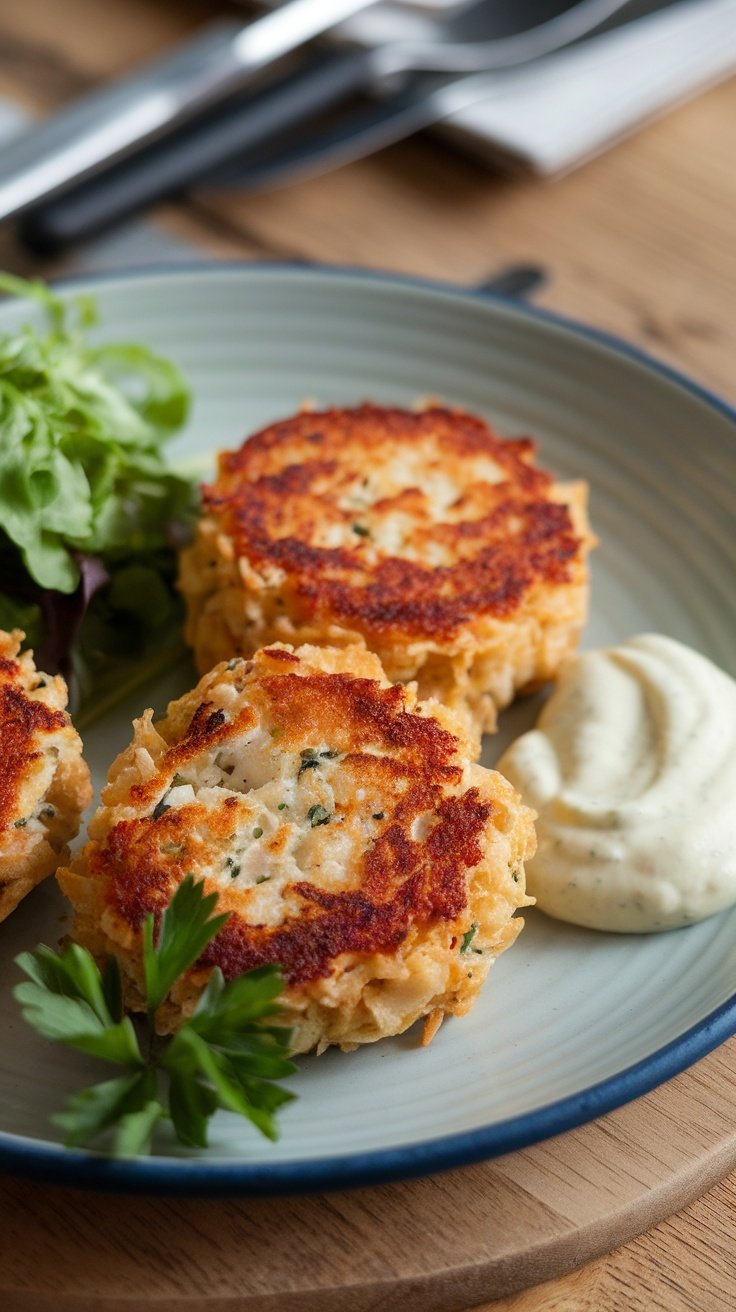 Crispy lump crab cakes served with a zesty aioli and garnished with lettuce.