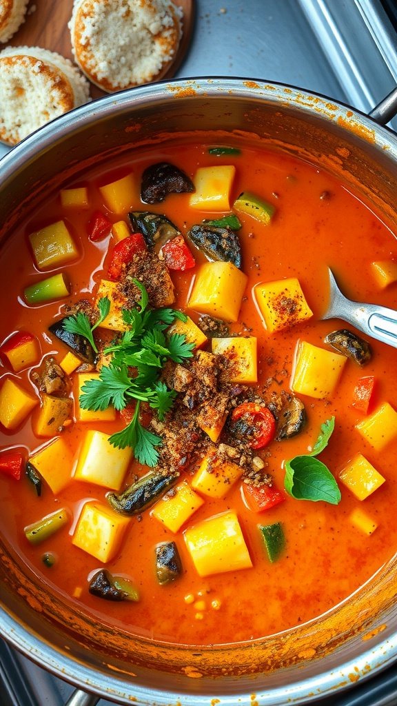 A vibrant curry stew with various vegetables and herbs.