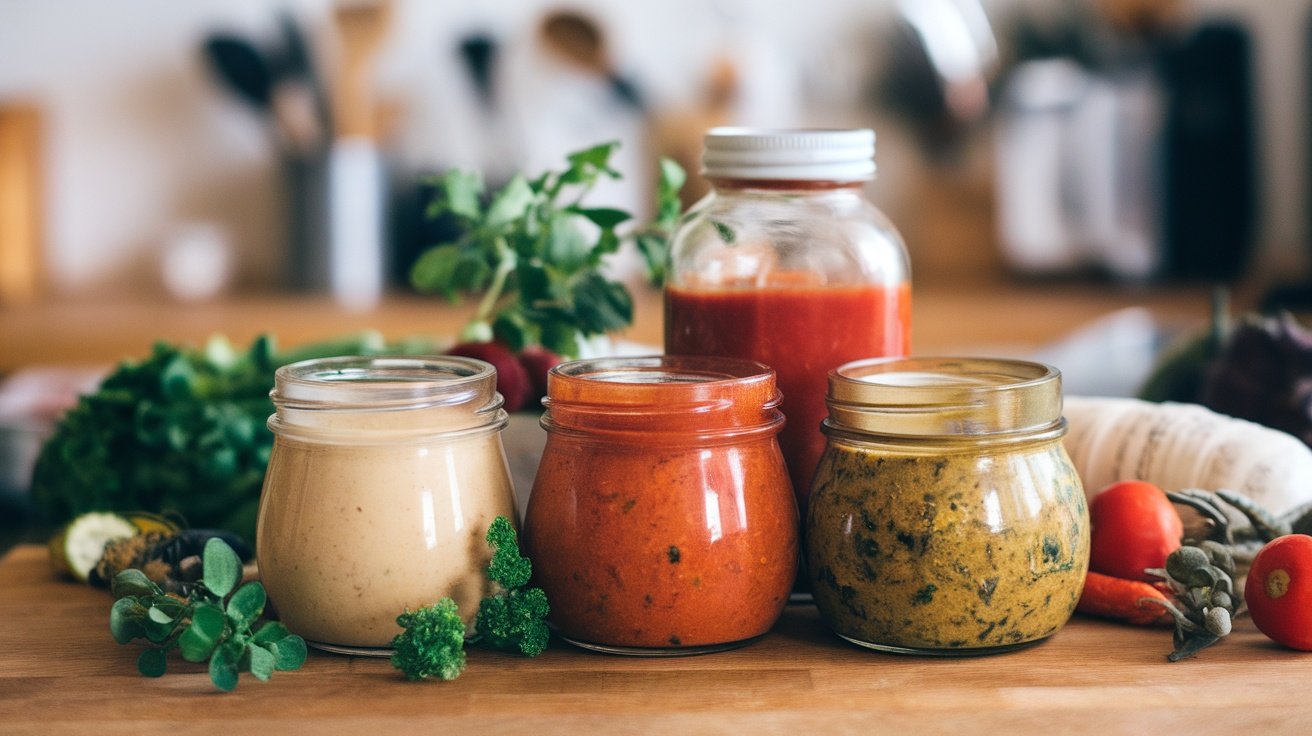 An array of jars filled with various colorful sauces, showcasing dairy-free options.