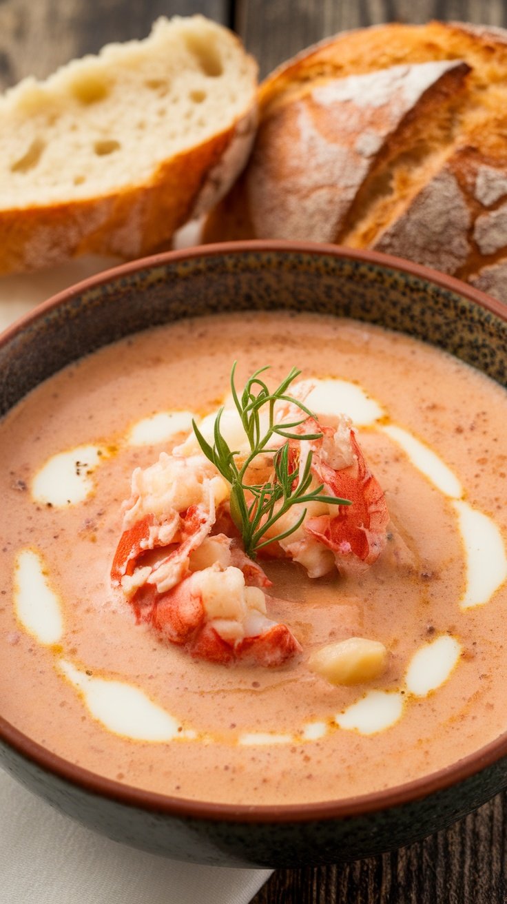 A bowl of lobster bisque with chunks of lobster meat, garnished with herbs, and slices of bread in the background.