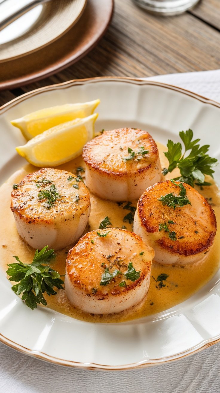 Buttery Pan-Seared Scallops with Lemon Butter Sauce Pan-seared scallops served with lemon butter sauce and garnished with parsley on a rustic table.
