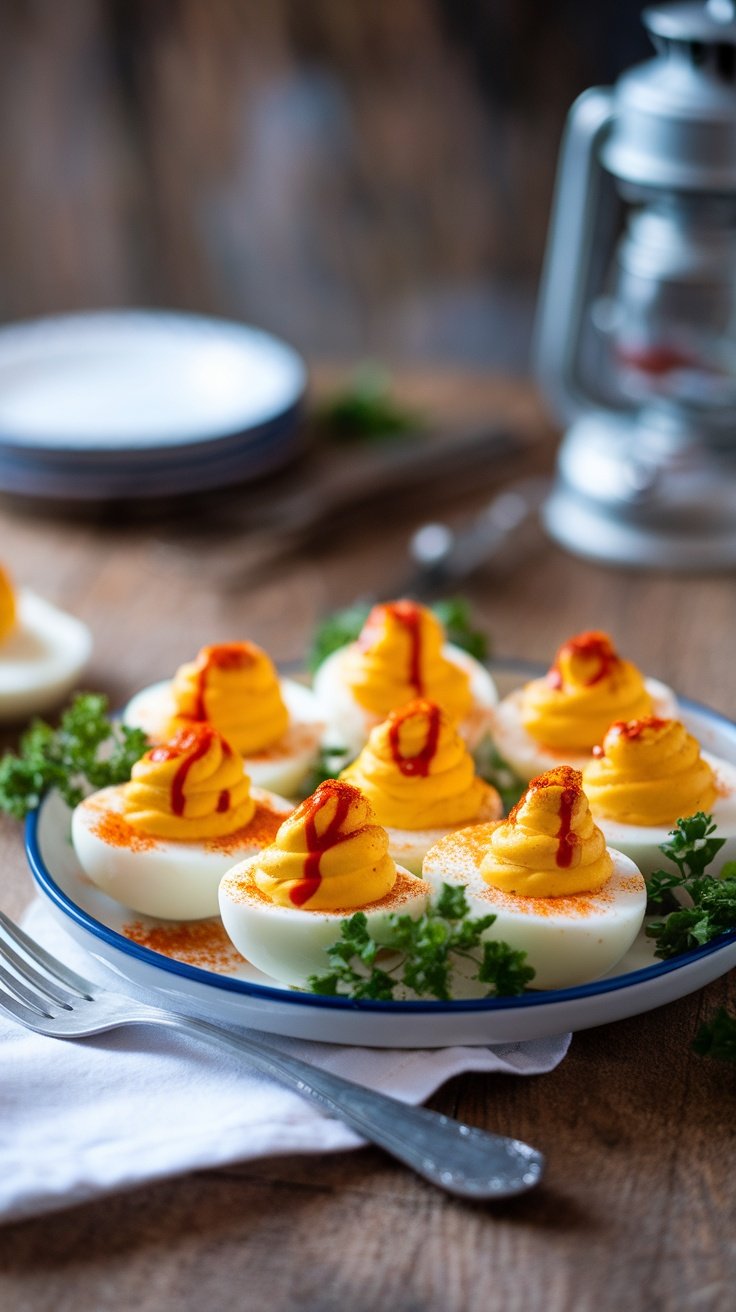 A plate of deviled eggs topped with hot sauce and garnished with parsley.