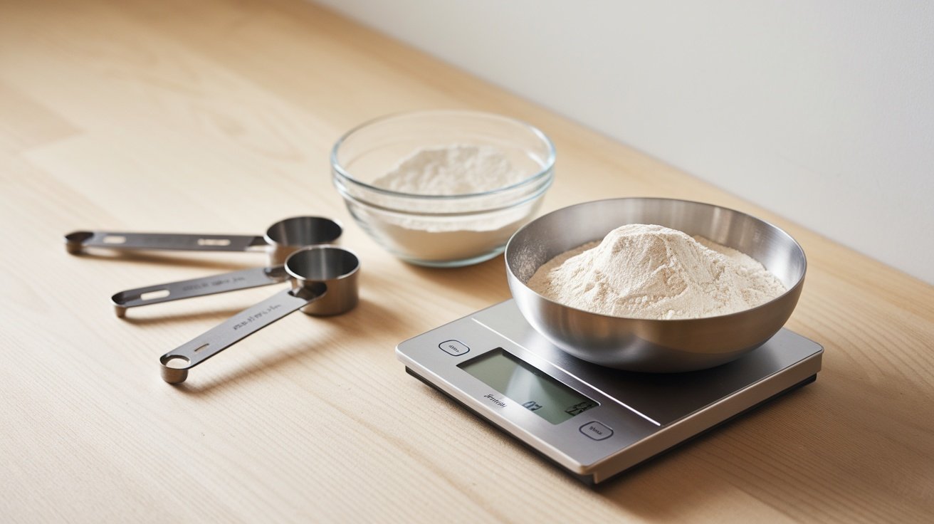 A digital kitchen scale with a bowl of flour and measuring cups on a wooden table.