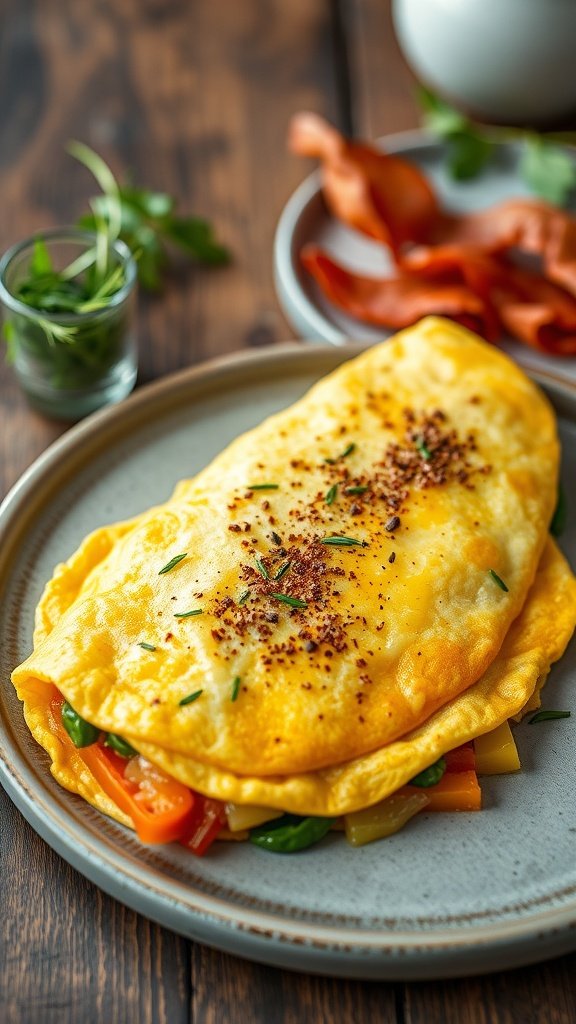 A delicious omelet filled with colorful vegetables and cheese, garnished with spices.