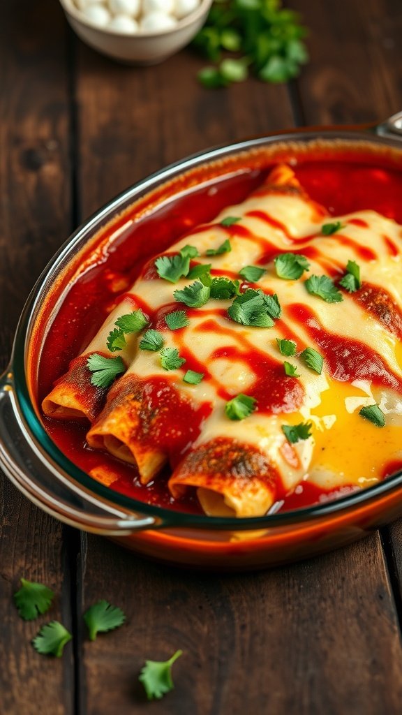 Delicious enchiladas topped with sauce and garnished with cilantro.