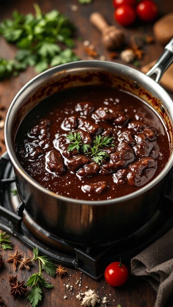 A pot of Espagnole sauce simmering on a stove with herbs and spices around it.