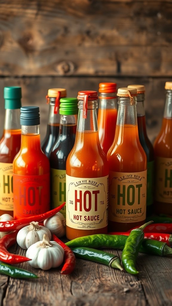 Bottles of hot sauce with various labels, surrounded by fresh chili peppers and garlic on a wooden surface.